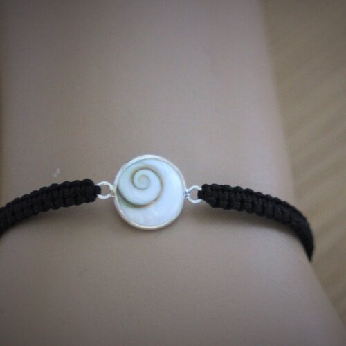 Bracelet d'amitié cordon macramé noir breloque oeil de shiva et argent massif - bracelet coquillage porte bonheur