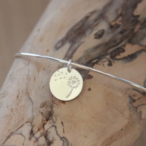 Bracelet jonc en argent massif avec breloque médaille gravée pissenlit
