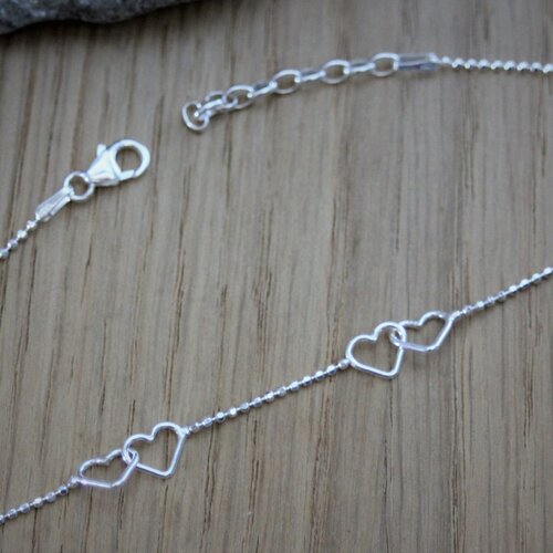 Bracelet chaine de cheville minimaliste en argent massif double coeurs enlacés