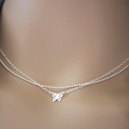 Collier ras de cou multi-rangs en argent massif double chaine et petit papillon