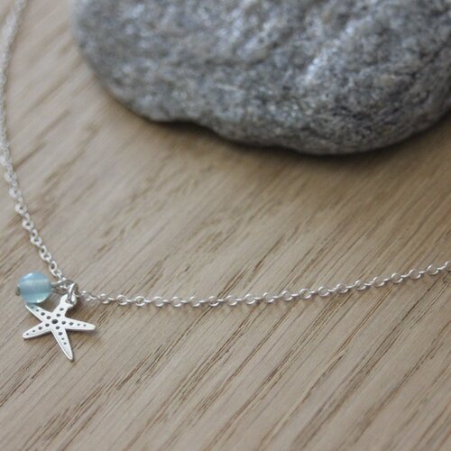 Collier argent massif pendentif étoile de mer et perle bleu aqua