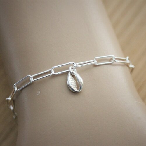 Bracelet en argent massif grands maillons pendentif coquillage cauri