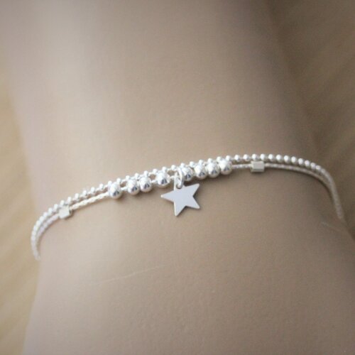 Bracelet minimaliste multi-rangs en argent massif 925 double chaine avec perles argent et médaille étoile