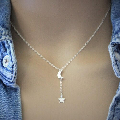 Collier cravate minimaliste en argent massif avec lune et pendentif étoile