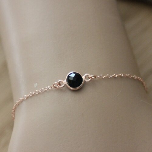 Bracelet en argent massif 925 plaqué or rose pendentif spinelle noire