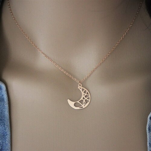 Collier argent massif plaqué or rose 18 carats pendentif lune