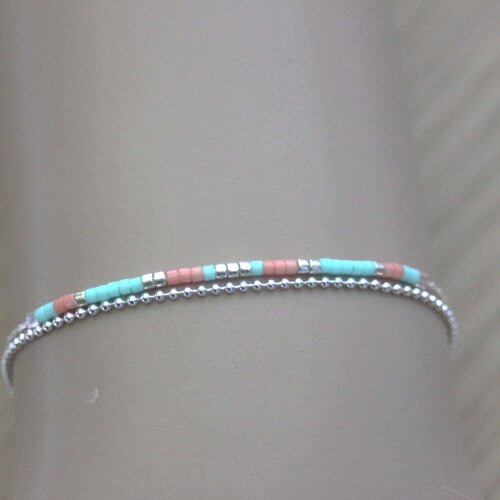 Bracelet minimaliste en argent massif double chaine et perle miyuki corail et aqua