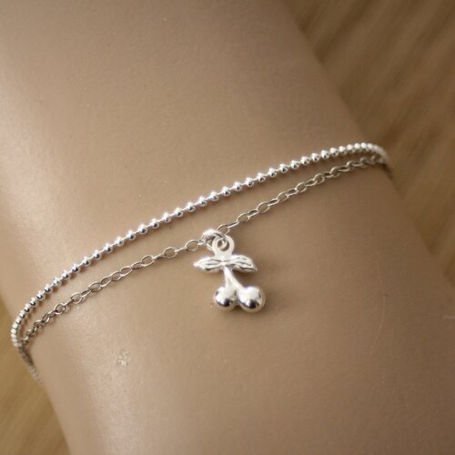 Bracelet argent massif double chaine avec breloque cerises argent massif