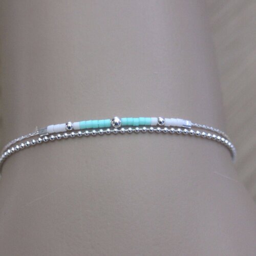 Bracelet en argent massif double chaine et perle miyuki aqua