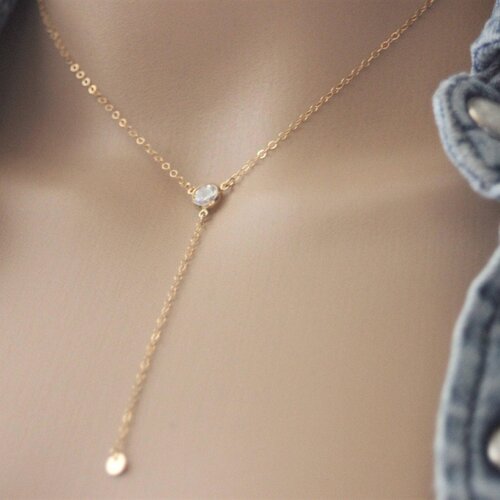 Collier cravate style y en or gold filled et zirconium