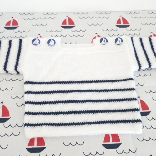 Pull marin rayé blanc et bleu marine avec boutons manches longues layette bébé fille ou garçon taille 3, 6 ou 12 mois