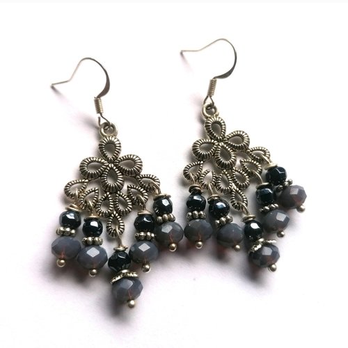 Boucles d'oreilles "esmeralda", perles en cristal, métal argent, gris