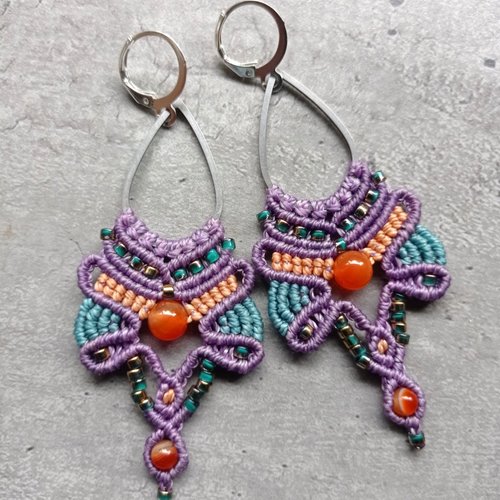 Boucles d'oreilles "maya", micro macramé, pierres naturelles