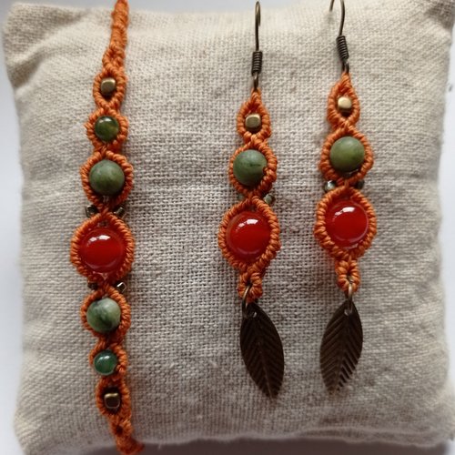 Parure "mila" bracelet et boucles d'oreilles, micro macramé, perles naturelles
