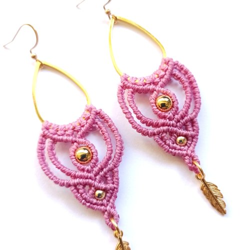 Boucles d'oreilles pendantes "angèle", micro macramé, acier inoxydable