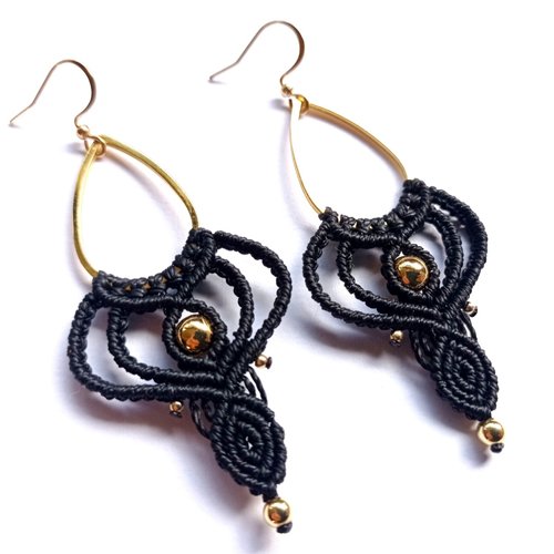 Boucles d'oreilles pendantes "angèle", micro macramé, acier inoxydable