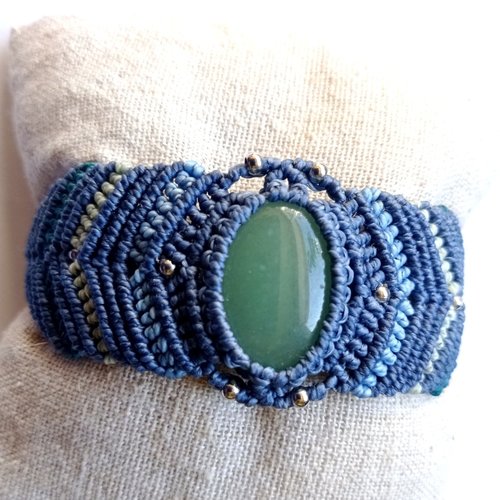Bracelet manchette, micro macramé, bleu, aventurine e
