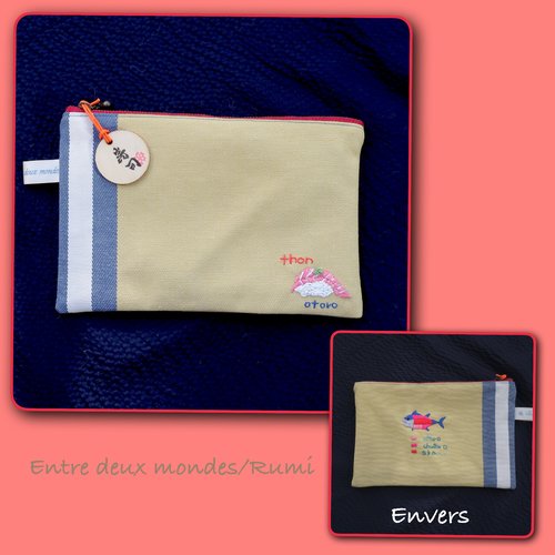 Pochette sushi – collection artisanale brodée à la main sur tissu basque