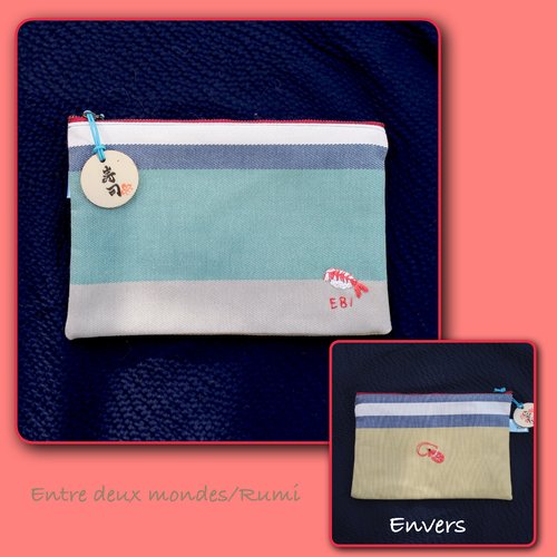 Pochette sushi – collection artisanale brodée à la main sur tissu basque