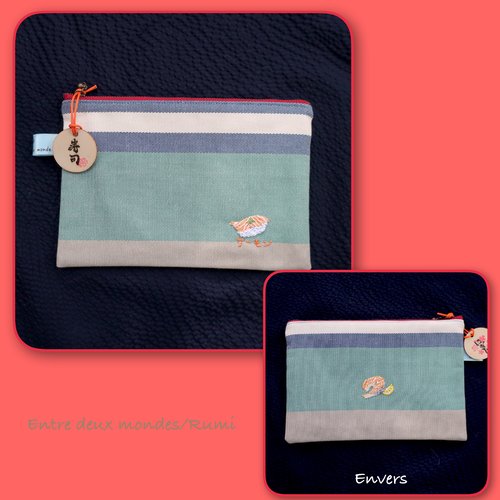 Pochette sushi – collection artisanale brodée à la main sur tissu basque