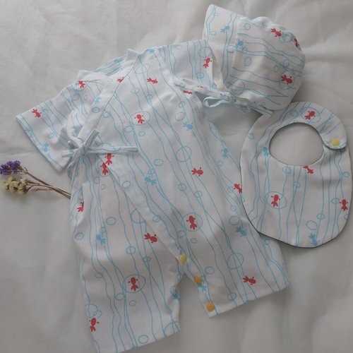 Ensemble bébé été 0–3 mois style jinbei – motif poissons rouges