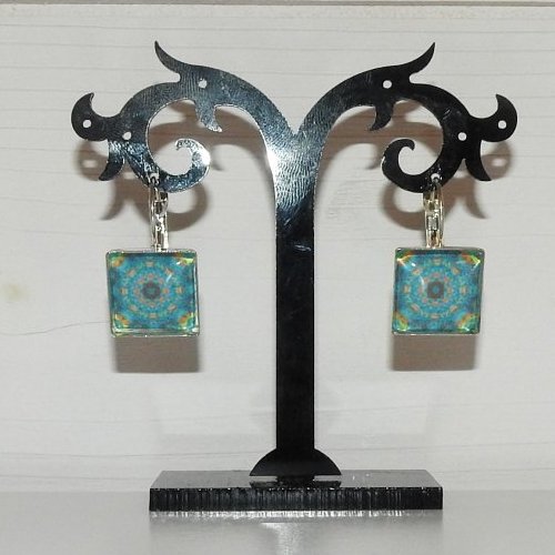 Boucles d'oreilles dormeuses carrées motif oriental turquoise
