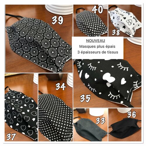 Masque enfant, masque adulte, avec 3 à 4 épaisseurs de tissus, plus de 100 modèles sur enviesdevy