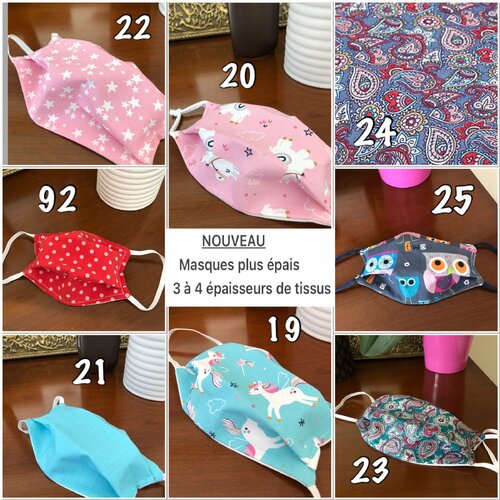 Masque enfant, masque adulte, masque adolescent avec 3 à 4 épaisseurs plus 100 modèles au choix sur enviesdevy