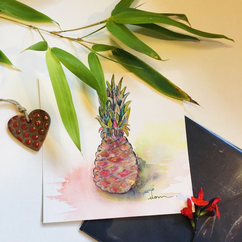 Ananas carte aquarelle carrée 13.5 avec son enveloppe assortie pièce unique