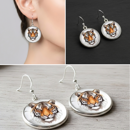 Boucles d’oreilles tigre royal – médaillon illustré esquisse