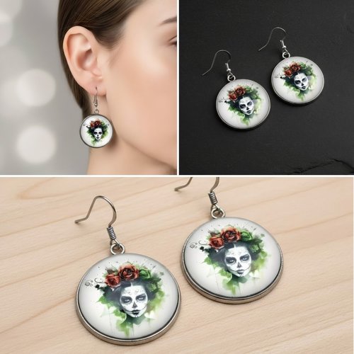 Boucles d’oreilles catrina verte – día de los muertos – cabochon 2,5 cm en résine esquisse