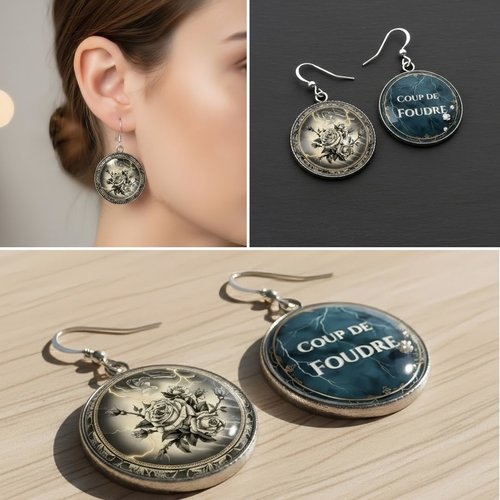 Boucles d'oreilles "coup de foudre" • bijou expressions françaises • gravure vintage roses et foudre • résine fait main toulouse