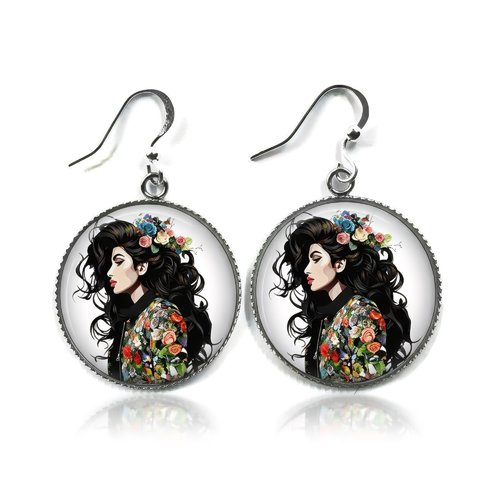 Boucles d’oreilles amy winehouse – portrait floral bohème – cabochon rond argenté