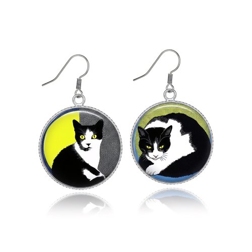 Boucles d’oreilles chat noir & blanc – cabochon résine 2,5 cm esquisse