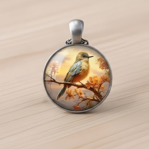 Pendentif oiseau poétique – cabochon 2,5 cm en résine esquisse