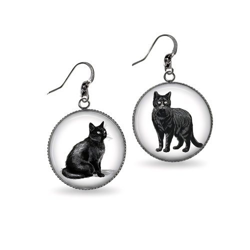Boucles d’oreilles chat noir élégant – cabochon 2,5 cm en résine esquisse