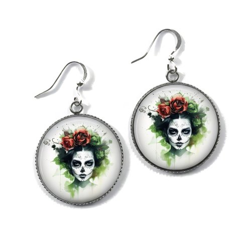 Boucles d’oreilles catrina verte – día de los muertos – cabochon 2,5 cm en résine esquisse