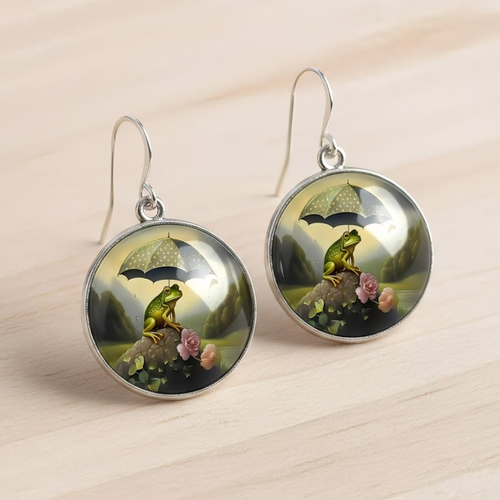 Boucles d’oreilles grenouille poétique sous parapluie – cabochon 2,5 cm en résine esquisse