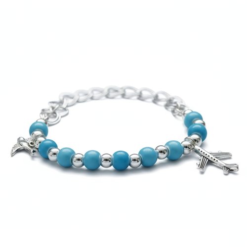 Bracelet perles céramique bleues – breloques avion & oiseau – bracelet fantaisie élégant