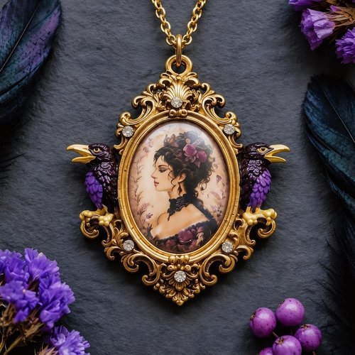 Pendentif corbeau - médaillon baroque résine esquisse