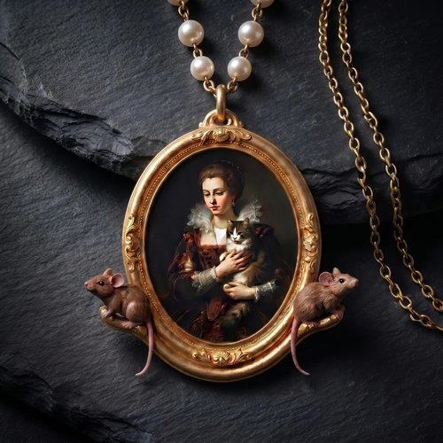 Pendentif chat et souris - camée baroque résine esquisse