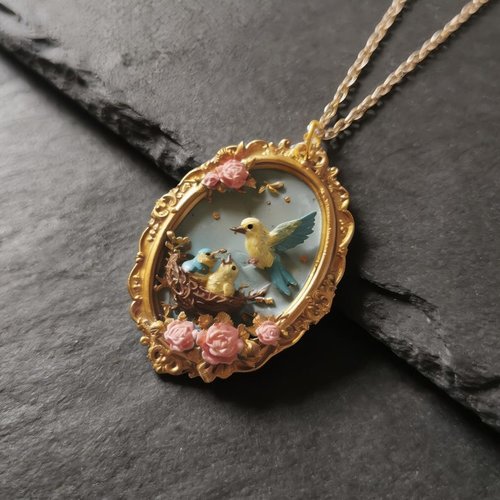 Pendentif nido - oiseau mère et nid résine esquisse