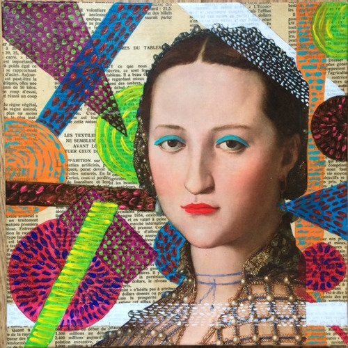Collage papiers journaux, figure femme et peinture acrylique motifs colorés 