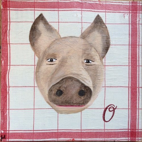 Collage et peinture à l'huile tête de cochon sur fond effet torchon