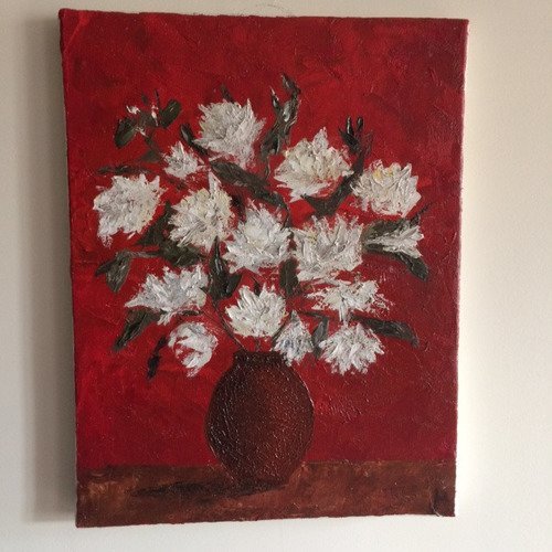 Peinture à l'huile bouquet de fleurs blanches sur fond rouge