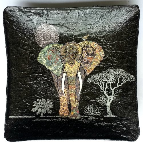 Coupelle carrée en papier maché - fait main - décor paisley - éléphant