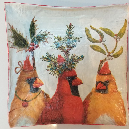 Petite coupelle carrée en papier maché - fait main - décor trois oiseaux avec coiffure végétale 