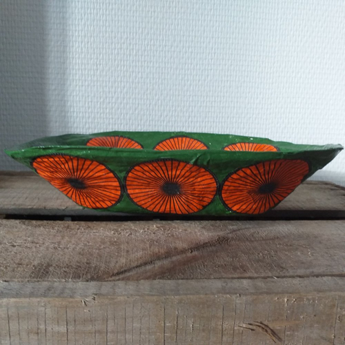 Grande coupelle rectangulaire en papier maché - fait main - décor motifs wax africains verts et orange