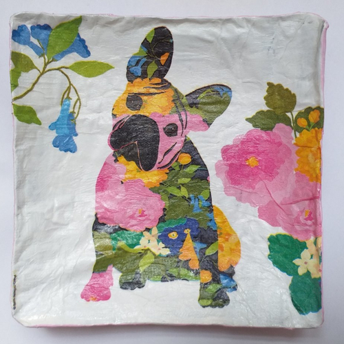 Coupelle carrée en papier maché - fait main - décor chien bouledogue stylisé couleur vives