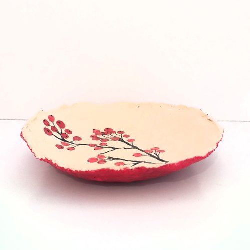 Bol / coupe en papier maché - fait main - décor branche et fleurs rouges